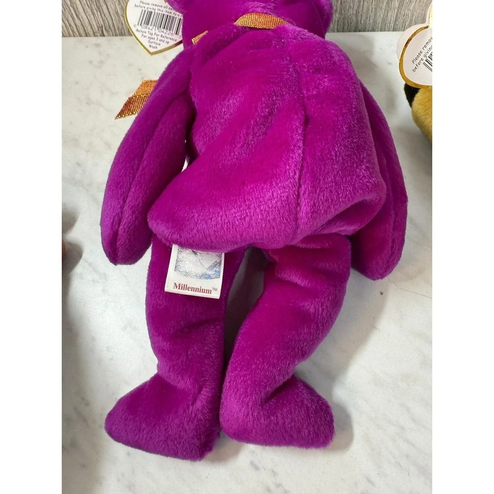 Ty Beanie Babies Lot 3 Millennium Purple Bear Whisper Deer Pouch Kangaroo Tags